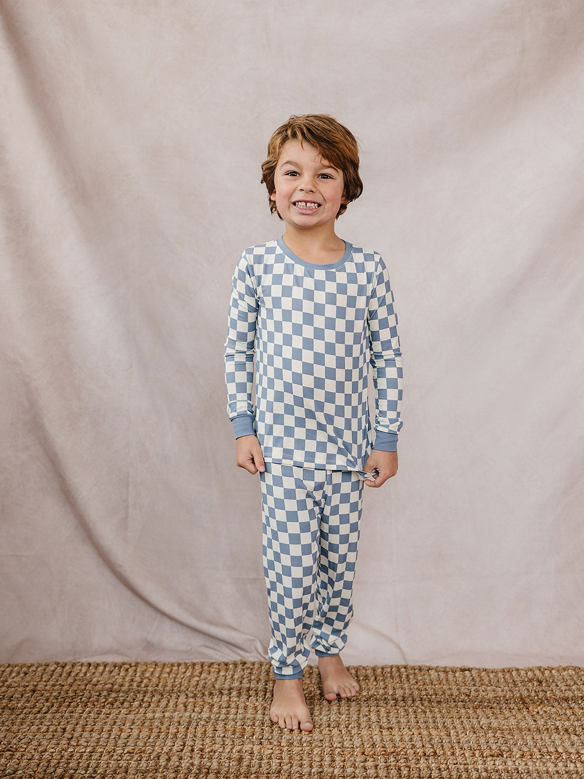 Blue Checkered Ribbed Bamboo Cozy Set